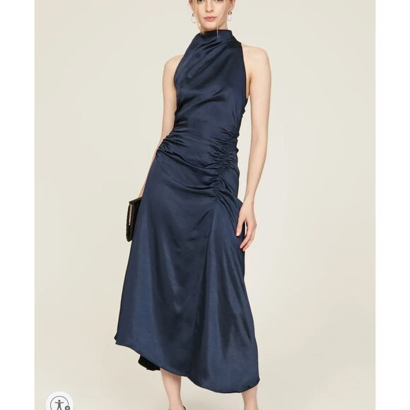 A.L.C. Blue Satin Halter Gown Size 8 Cocktail Asymmetric Ruched Midi Dress $500 - Picture 1 of 14